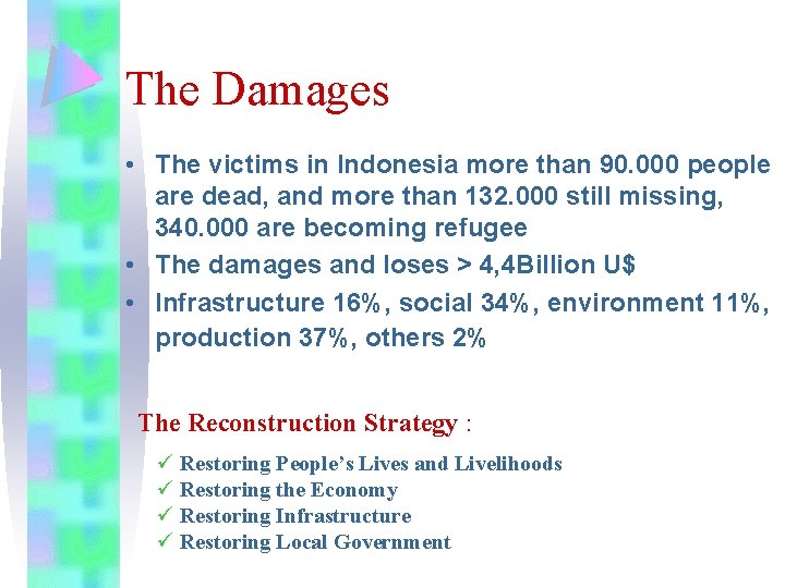 The Damages • The victims in Indonesia more than 90. 000 people are dead,