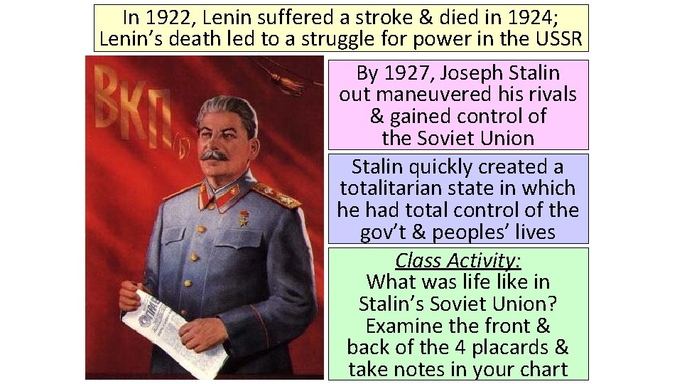 In 1922, Lenin suffered a stroke & died in 1924; Lenin’s death led to