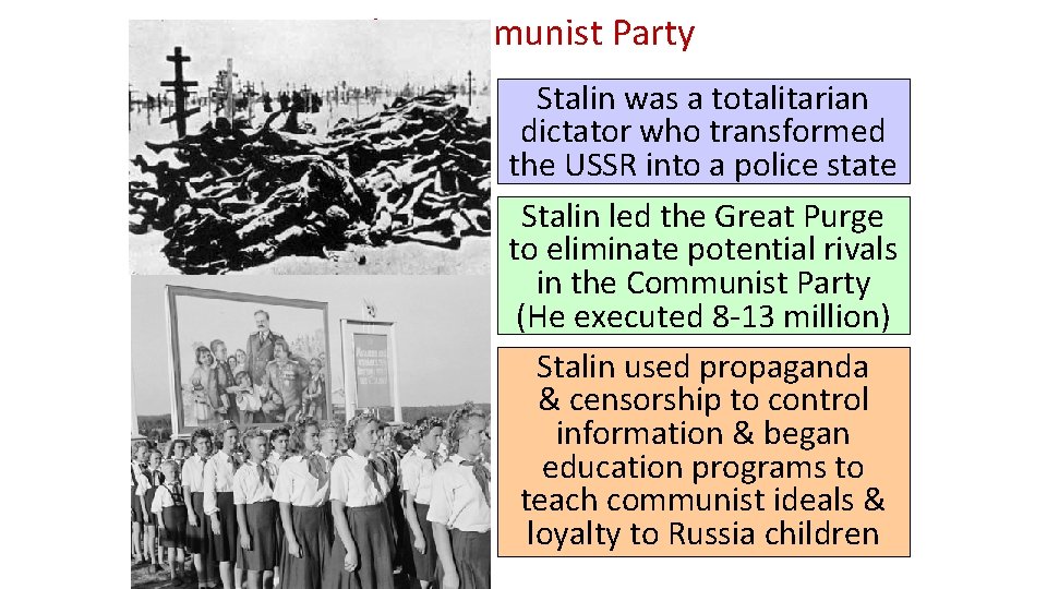 The Communist Party Stalin was a totalitarian dictator who transformed the USSR into a