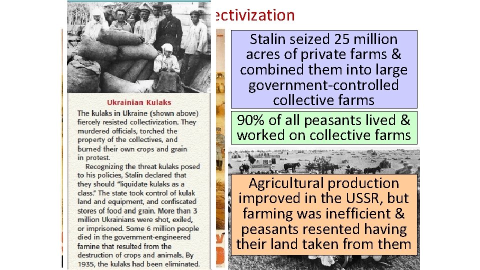 Collectivization Stalin seized 25 million acres of private farms & combined them into large