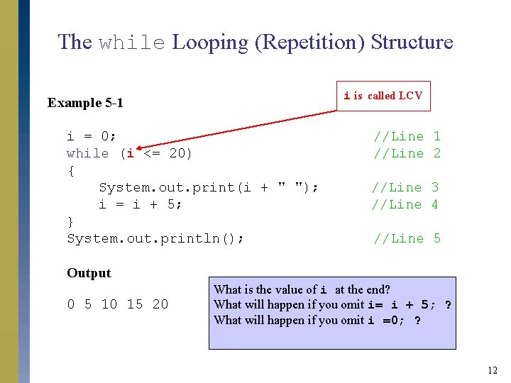 The while Looping (Repetition) Structure i is called LCV Example 5 -1 i =