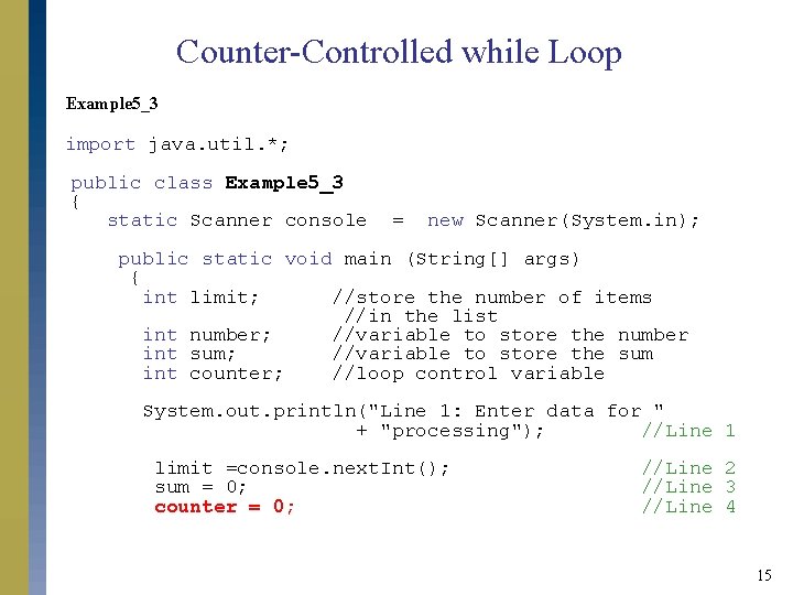 Counter-Controlled while Loop Example 5_3 import java. util. *; public class Example 5_3 {