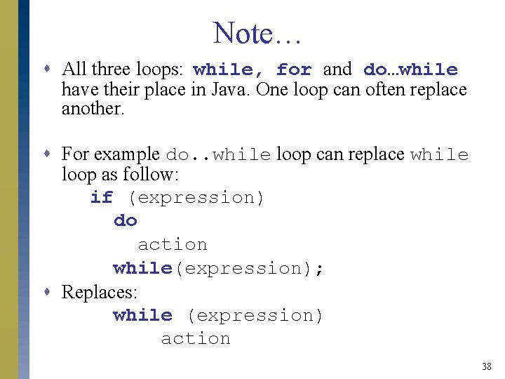 Note… s All three loops: while, for and do…while have their place in Java.
