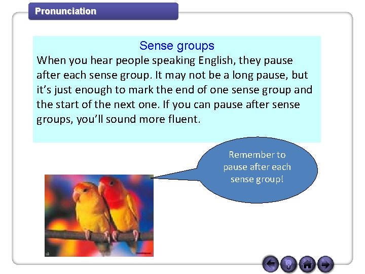 Pronunciation Sense groups When you hear people speaking English, they pause after each sense