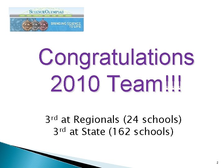 Congratulations 2010 Team!!! 3 rd at Regionals (24 schools) 3 rd at State (162