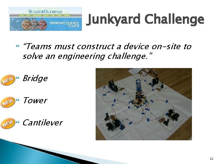 Junkyard Challenge “Teams must construct a device on-site to solve an engineering challenge. ”