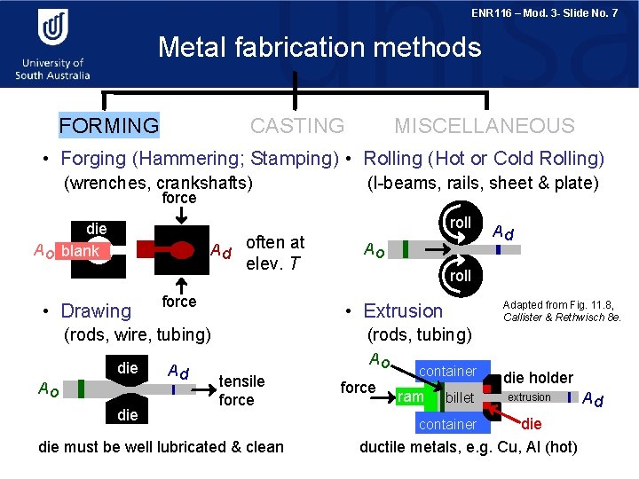 ENR 116 – Mod. 3 - Slide No. 7 Metal fabrication methods FORMING CASTING