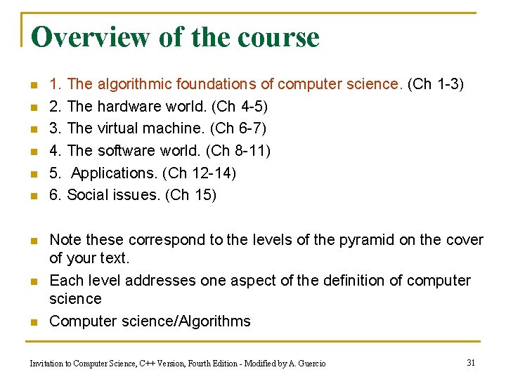 Overview of the course n n n n n 1. The algorithmic foundations of