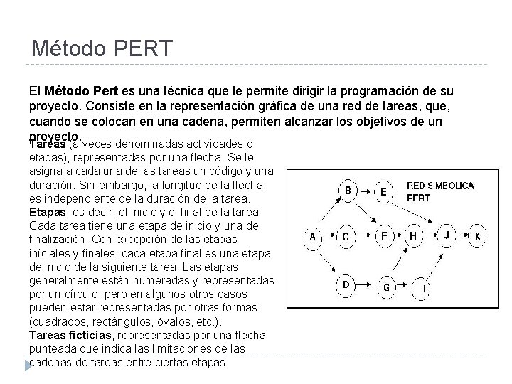 Método PERT El Método Pert es una técnica que le permite dirigir la programación
