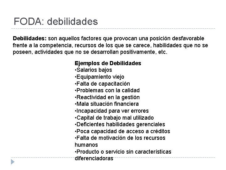 FODA: debilidades Debilidades: son aquellos factores que provocan una posición desfavorable frente a la