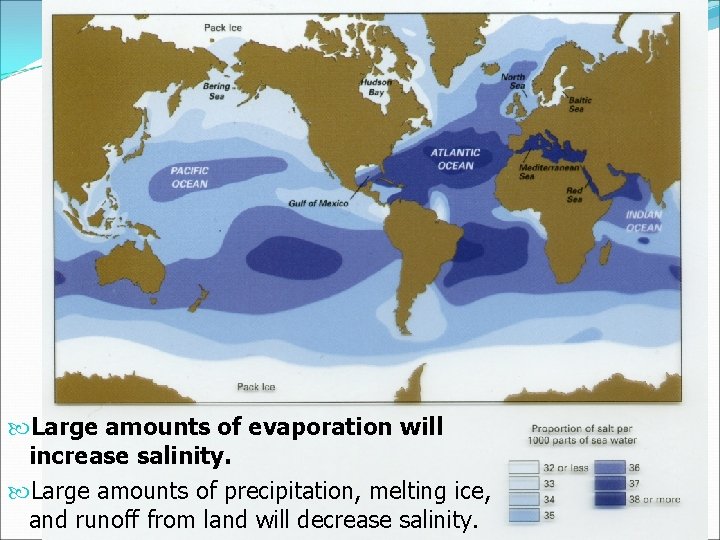  Large amounts of evaporation will increase salinity. Large amounts of precipitation, melting ice,