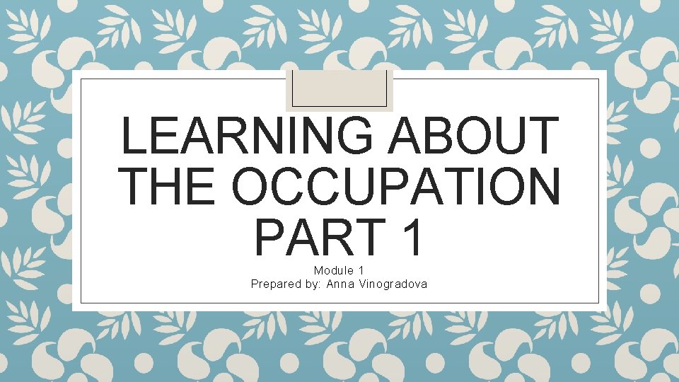 LEARNING ABOUT THE OCCUPATION PART 1 Module 1 Prepared by: Anna Vinogradova 