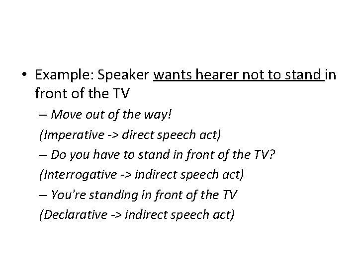  • Example: Speaker wants hearer not to stand in front of the TV