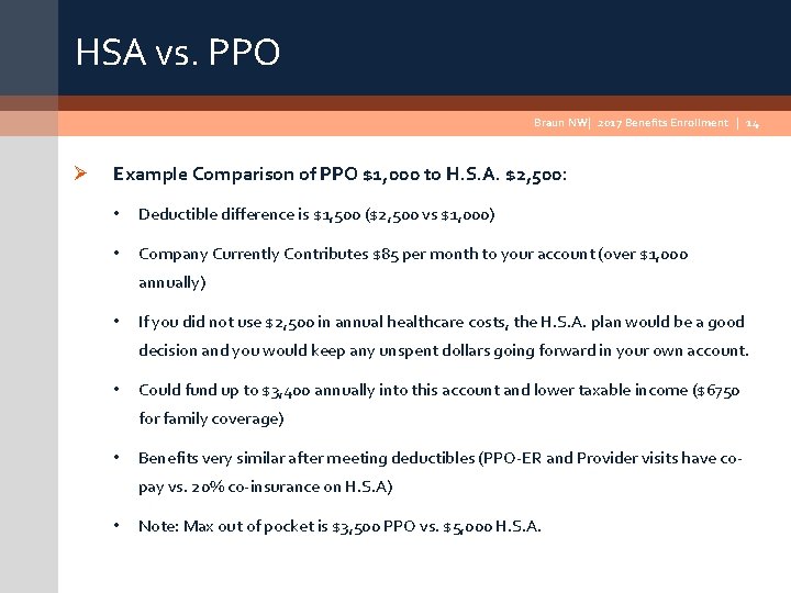 HSA vs. PPO Braun NW| 2017 Benefits Enrollment | 14 Ø Example Comparison of