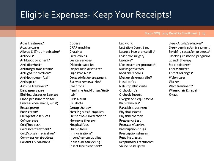 Eligible Expenses- Keep Your Receipts! Braun NW| 2017 Benefits Enrollment | 15 Acne treatment*