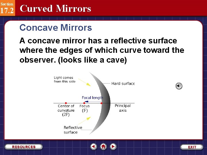 Section 17. 2 Curved Mirrors Concave Mirrors A concave mirror has a reflective surface