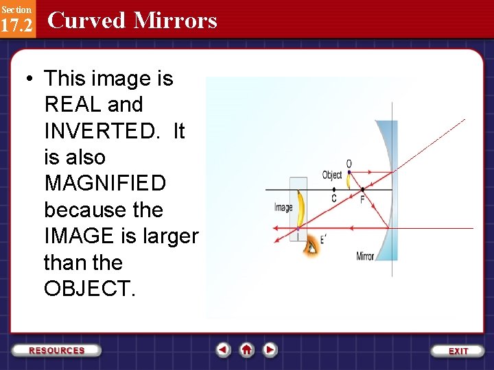 Section 17. 2 Curved Mirrors • This image is REAL and INVERTED. It is