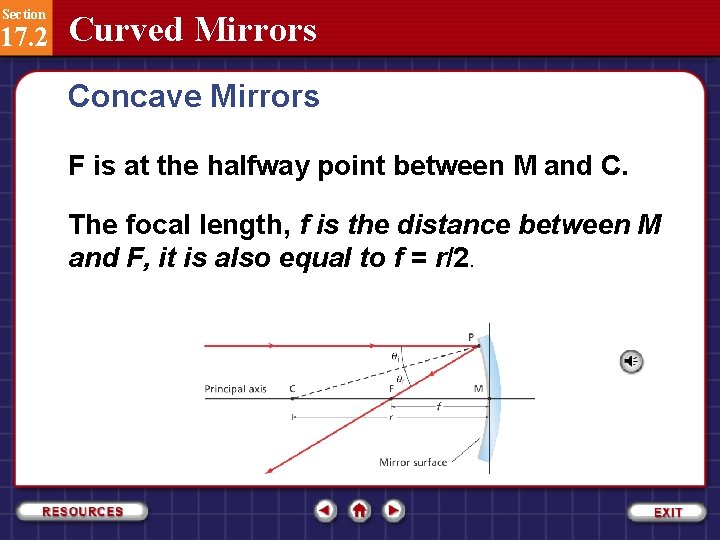 Section 17. 2 Curved Mirrors Concave Mirrors F is at the halfway point between