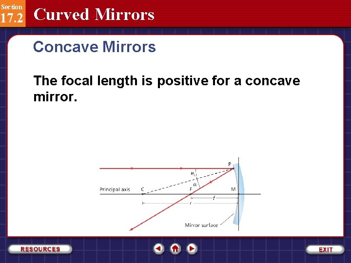 Section 17. 2 Curved Mirrors Concave Mirrors The focal length is positive for a