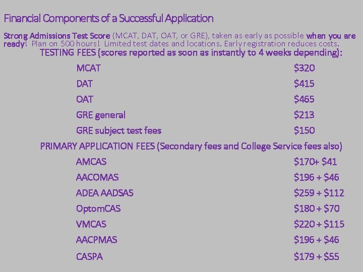 Financial Components of a Successful Application Strong Admissions Test Score (MCAT, DAT, OAT, or