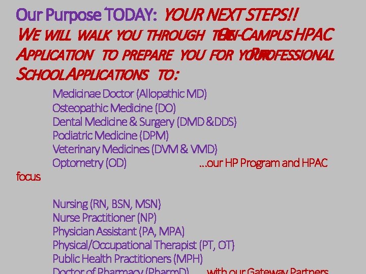 Our Purpose TODAY: YOUR NEXT STEPS!! WE WILL WALK YOU THROUGH THE ON-CAMPUS HPAC