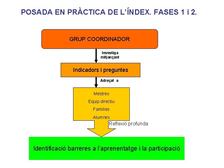 POSADA EN PRÀCTICA DE L’ÍNDEX. FASES 1 i 2. GRUP COORDINADOR Investiga mitjançant Indicadors