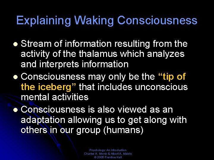 Explaining Waking Consciousness Stream of information resulting from the activity of the thalamus which