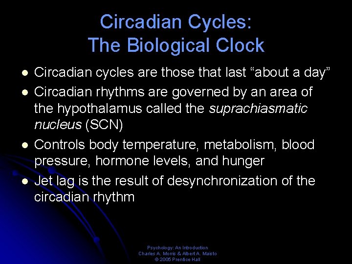 Circadian Cycles: The Biological Clock l l Circadian cycles are those that last “about