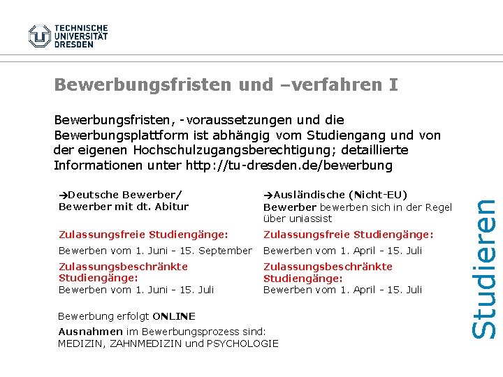 Bewerbungsfristen und –verfahren I Deutsche Bewerber/ Bewerber mit dt. Abitur Ausländische (Nicht-EU) Bewerber bewerben