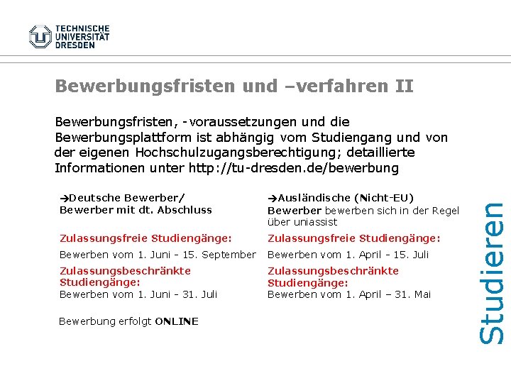 Bewerbungsfristen und –verfahren II Deutsche Bewerber/ Bewerber mit dt. Abschluss Ausländische (Nicht-EU) Bewerber bewerben