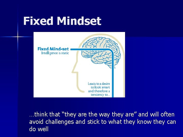 Fixed Mindset …think that “they are the way they are” and will often avoid