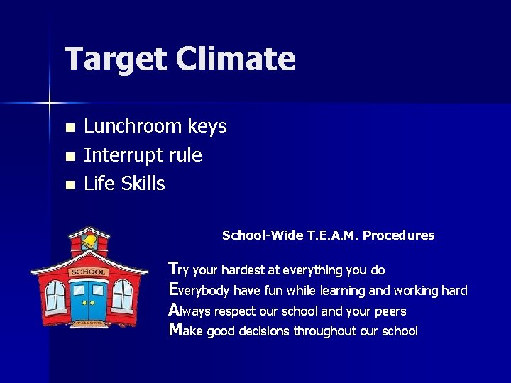 Target Climate n n n Lunchroom keys Interrupt rule Life Skills School-Wide T. E.