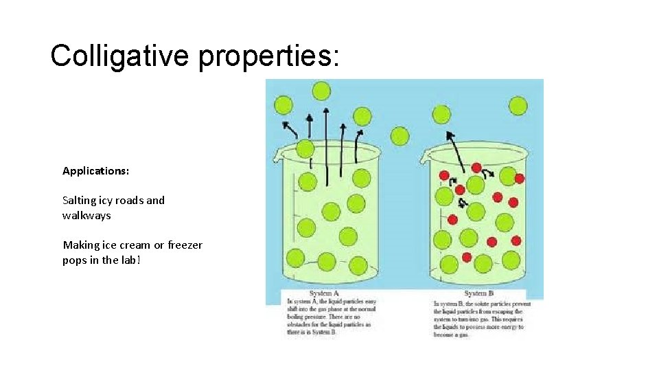 Colligative properties: Applications: Salting icy roads and walkways Making ice cream or freezer pops