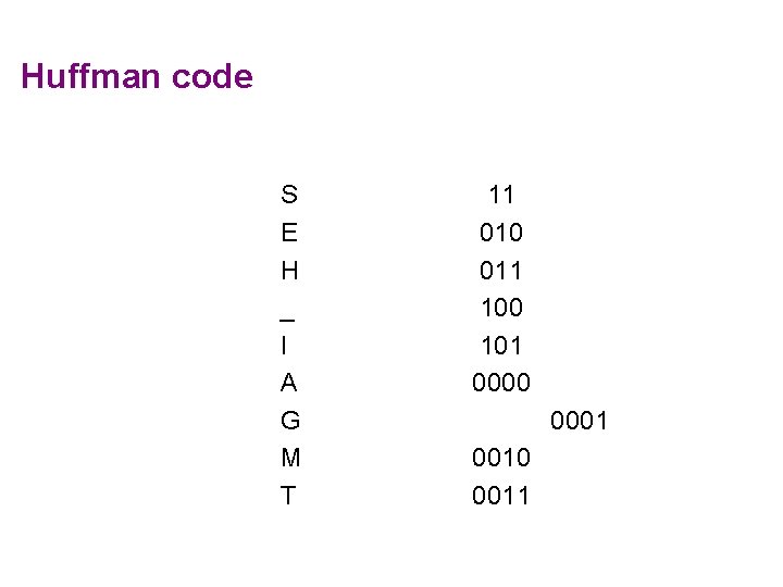 Huffman code S E H _ I A G M T 11 010 011