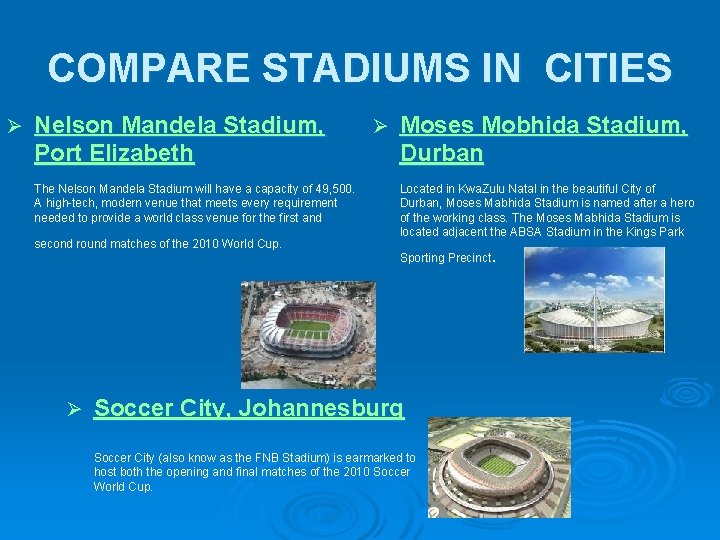 COMPARE STADIUMS IN CITIES Ø Nelson Mandela Stadium, Port Elizabeth The Nelson Mandela Stadium COMPARE STADIUMS IN CITIES Ø Nelson Mandela Stadium, Port Elizabeth The Nelson Mandela Stadium