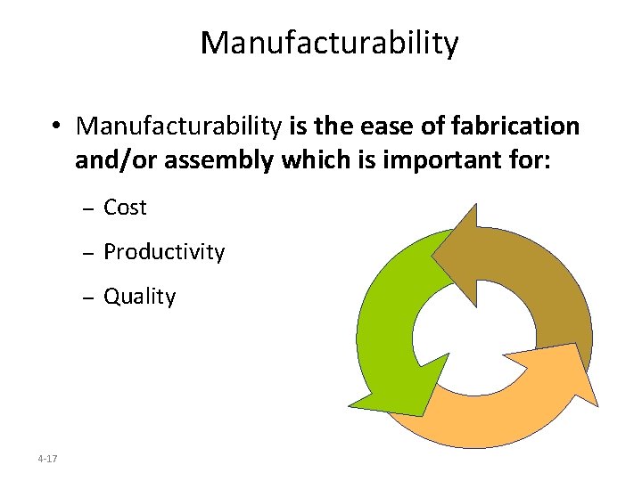 Manufacturability • Manufacturability is the ease of fabrication and/or assembly which is important for: