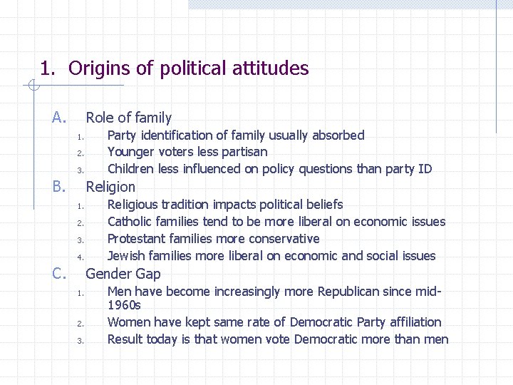 1. Origins of political attitudes A. Role of family 1. 2. 3. B. Party
