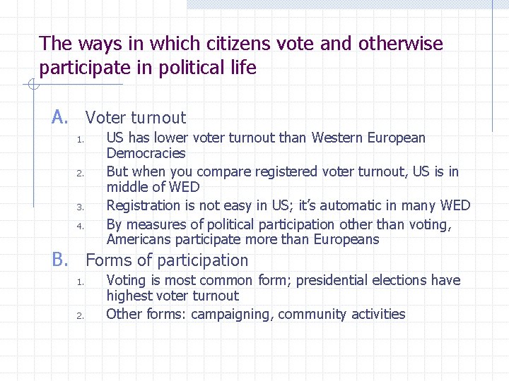 The ways in which citizens vote and otherwise participate in political life A. Voter