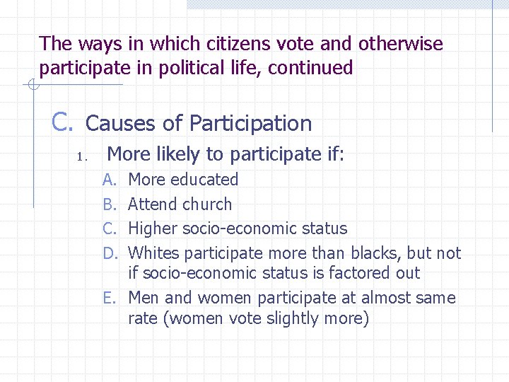 The ways in which citizens vote and otherwise participate in political life, continued C.