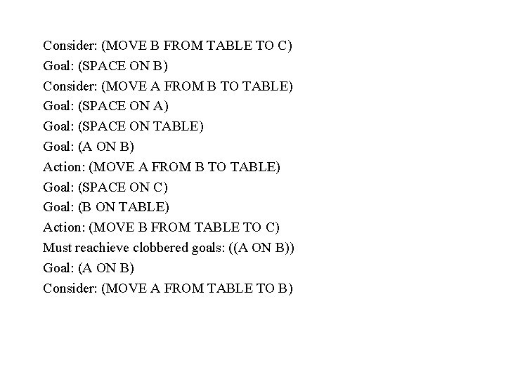 Consider: (MOVE B FROM TABLE TO C) Goal: (SPACE ON B) Consider: (MOVE A