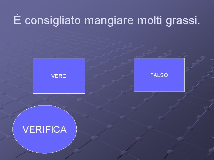 È consigliato mangiare molti grassi. VERO VERIFICA FALSO 