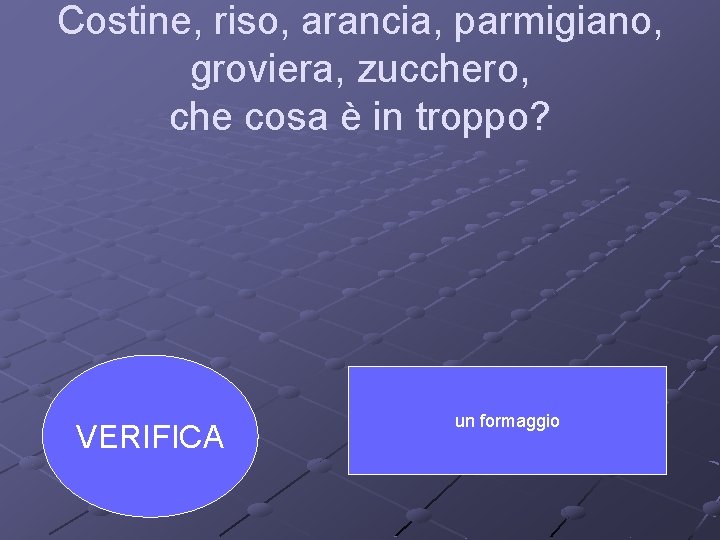 Costine, riso, arancia, parmigiano, groviera, zucchero, che cosa è in troppo? VERIFICA un formaggio