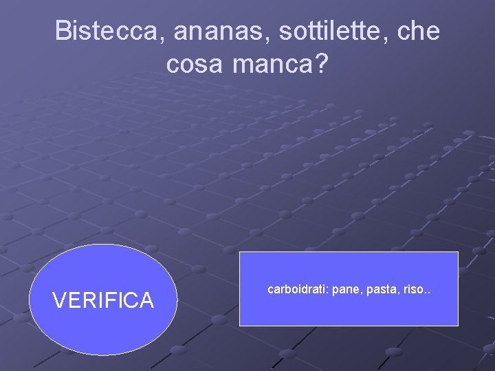 Bistecca, ananas, sottilette, che cosa manca? VERIFICA carboidrati: pane, pasta, riso. . 