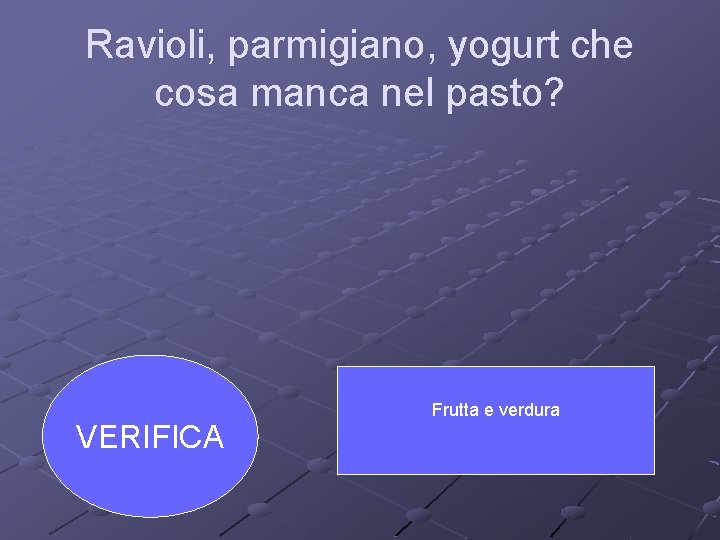 Ravioli, parmigiano, yogurt che cosa manca nel pasto? VERIFICA Frutta e verdura 