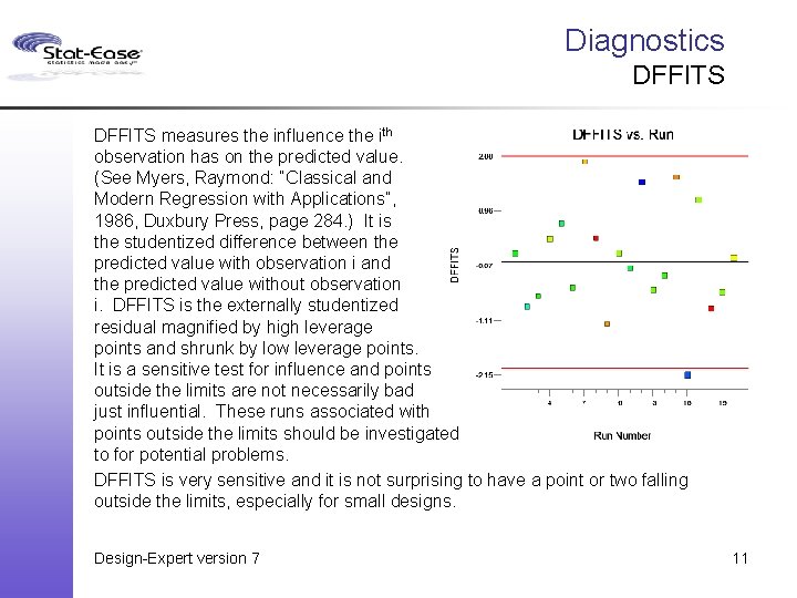 Diagnostics DFFITS measures the influence the ith observation has on the predicted value. (See