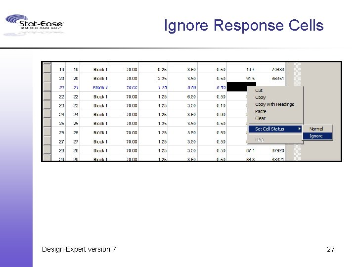 Ignore Response Cells Design-Expert version 7 27 