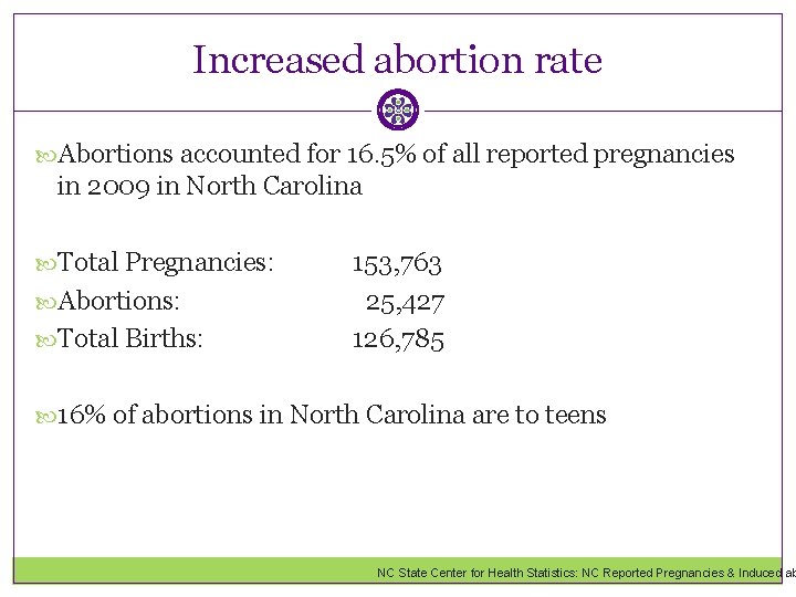 Increased abortion rate Abortions accounted for 16. 5% of all reported pregnancies in 2009
