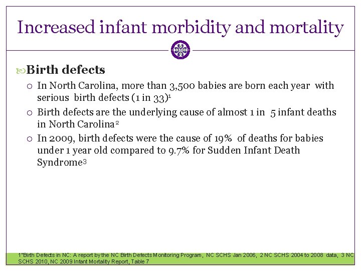 Increased infant morbidity and mortality Birth defects In North Carolina, more than 3, 500