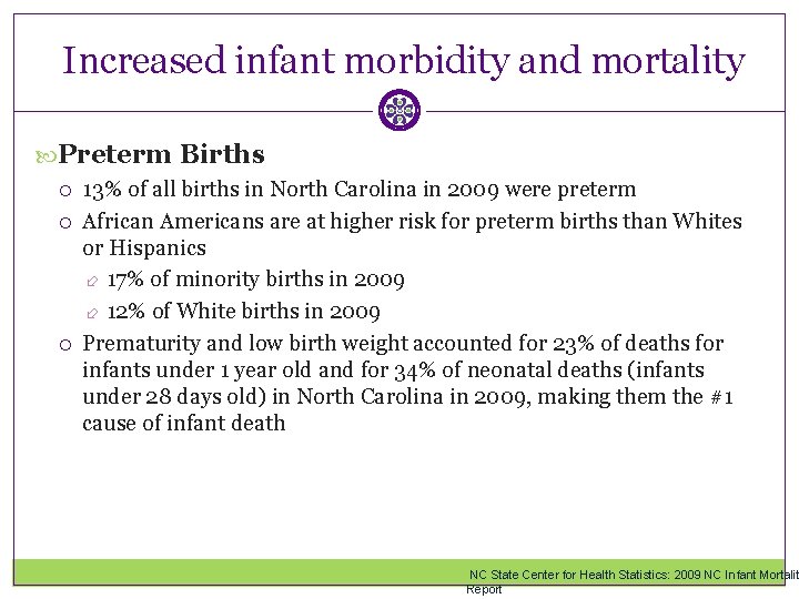 Increased infant morbidity and mortality Preterm Births 13% of all births in North Carolina