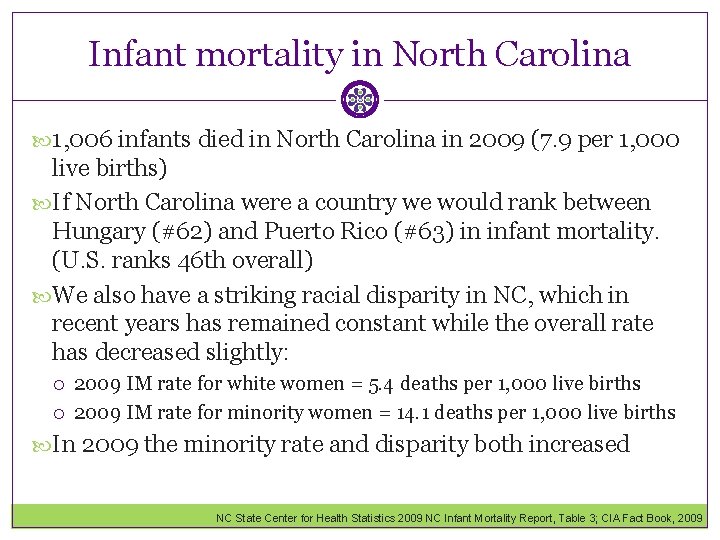 Infant mortality in North Carolina 1, 006 infants died in North Carolina in 2009